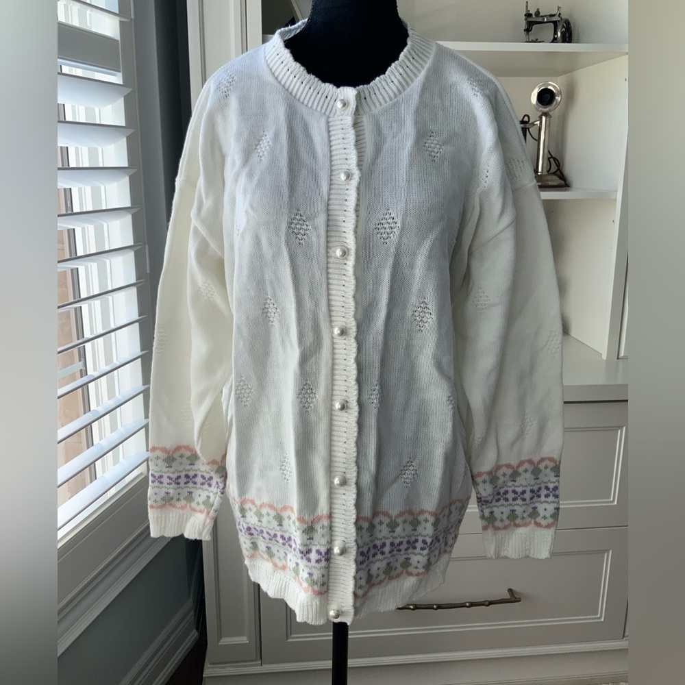 Vintage 90’S HER White Cardigan Knitted Cottagecore Sweater Women’s Size Medium